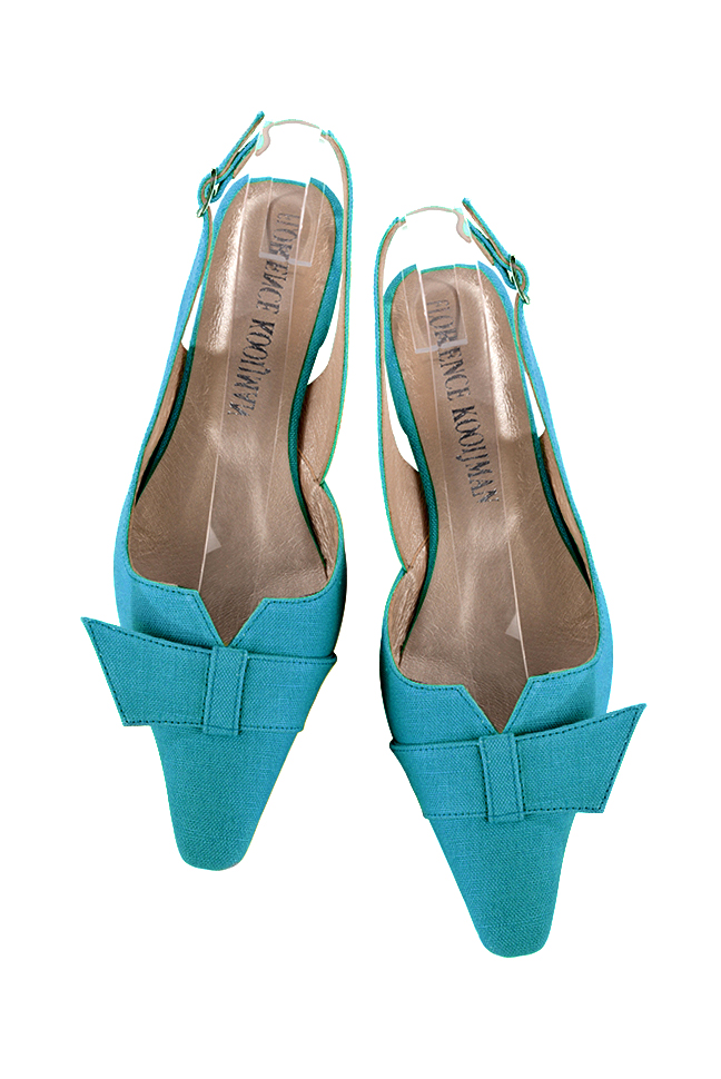 Women's turquoise blue slingback dress shoes, with a knot on the front. Tapered toe. Low block heels - Top view